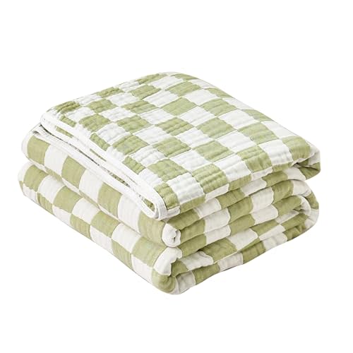 SANACYNA Muslin Throw Blankets 100% Cotton Green Grid Bed Blanket 6-Layer Gauze Lightweight Soft Breathable Blanket for Sofa Bed Couch Both Sides (Green Checkerboard, Throw 50"x60")