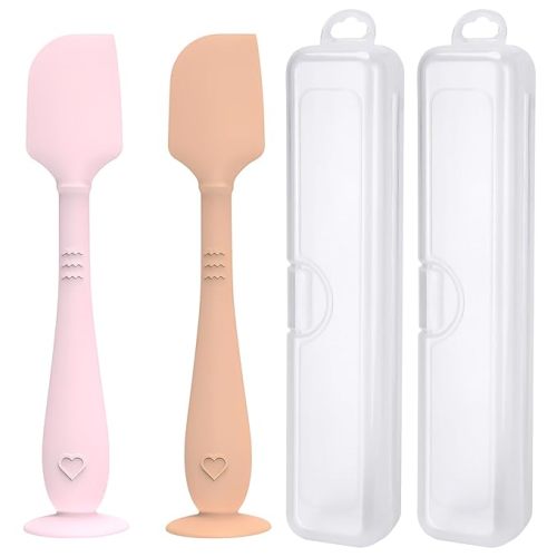 2 Pack Diaper Cream Spatula with Hygienic Travel Case, Butt Spatula Baby with Suction Base, Baby Butt Paste Spatula, Soft Silicone Diaper Rash Cream Applicator Large Size (Pink & Brown)