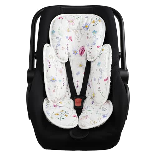 Pea Pod Infant Car Seat Pad 2-in-1 Baby Car Seat Head & Body Support for Newborn Girl Reversible 3 Layer Warm Preemie Carseat Stroller Cushion Headrest with Soft Minky Dot Fabric, Wildflower