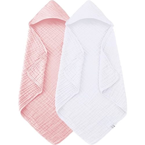 2 Pack Hooded Baby Towels - 100% Muslin Cotton for Newborns, Infants, Toddlers - Large 32x32Inch Size - Highly Absorbent and Essential for Newborn Care, White and Pink