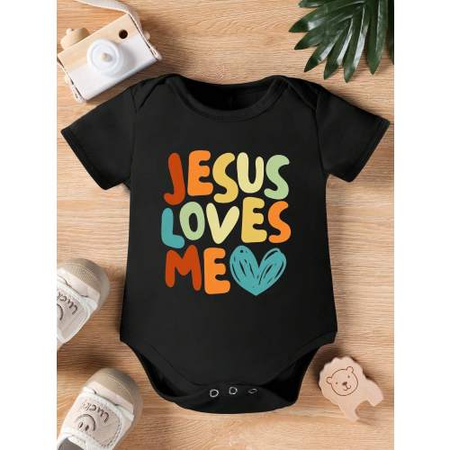 SHEIN Vintaside Kids Baby Boy Slogan & Heart Print Triangle Bodysuit With Short Sleeves
