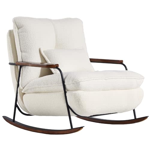 zyz Oversized Nursery Rocking Chair with Pillow, Teddy Upholstered Rocker Chair with Solid Wood & Steel Frame, 25° Gentle Rocking Accent Chair with DIY Ottoman Footrest for Living Room Bedroom, White