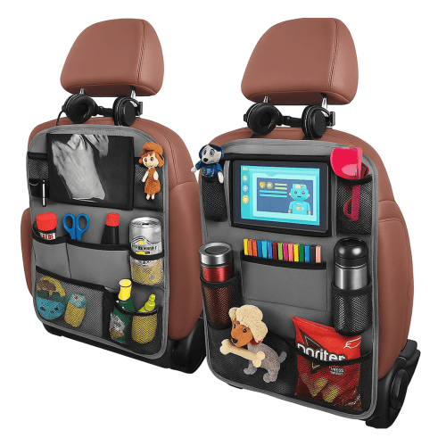TVTUTPWY Backseat Car Organizer, Kick Mats Back Seat Protector with Touch Screen Tablet Holder, Back Seat Organizer for Kids, Travel Accessories with 9 Storage Pockets 2 Pack (Gray)