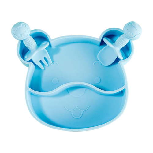 Silicone Baby Plate & Utensils Set with Suction - Blue