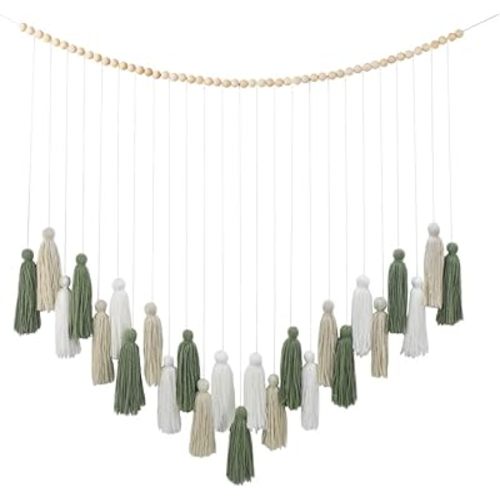 DrCor Sage Green Boho Tassel Garland – Neutral Wall Hanging for Living Room, Bedroom, or Reading Corner, Dorm Room or Entryway Decor, Baby Shower, Birthday Party or Cozy Farmhouse Decoration
