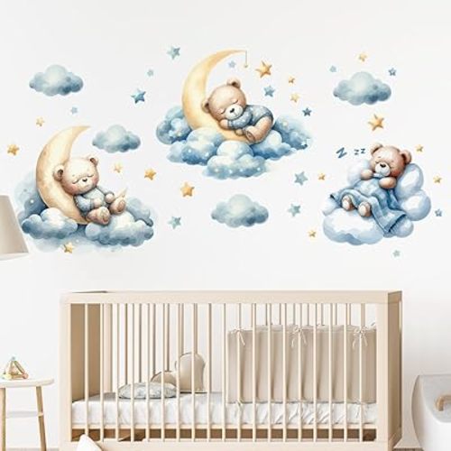 Night Sky Clouds & Asleep Bear Wall Decals - 30x60cm Self-Adhesive Stickers for Nursery, Bedroom, Living Room Decor, Removable and Waterproof