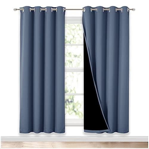 NICETOWN Full Shade Curtain Panels 72 inches Long, Pair of Energy Smart & Noise Blocking Out Blackout Drapes for Guest Room Window, Thermal Insulated Lined Window Dressing (Stone Blue, 52x72)