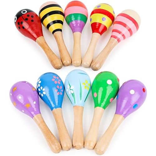 POPLAY 10PCS Mini Wooden Maracas, Maracas for Toddler Musical Instruments Wooden Shakers Baby Musical Toys Infant Learning Toys