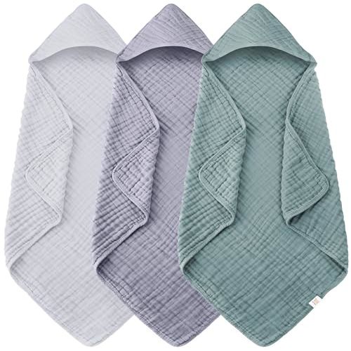 Ease Cubs 3-Pack Muslin Hooded Baby Towels, 100% Cotton, Ultra-Soft & Absorbent Baby Bath Towels with Hood for Babies, Infant, Toddler and Newbron (Grey, Green and Slate,32" x 32")