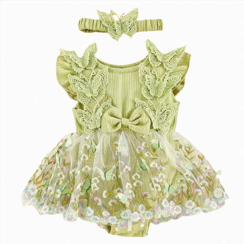 mgoYE Baby Girl Clothes Infant Summer Outfits Cute Butterflies Mesh Ruffle Sleeveless Romper Headband Set(Green,1-3 Months)