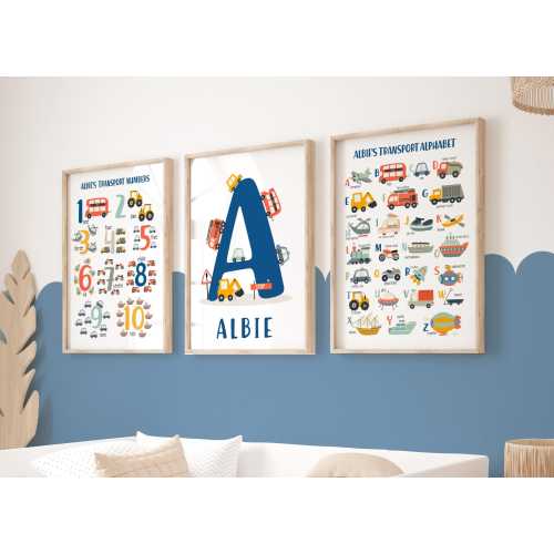 Set of 3 Personalised Transport Posters in Navy Blue, Vehicle Alphabet Print, Cars Chart Print, Blue Boy Bedroom Decor