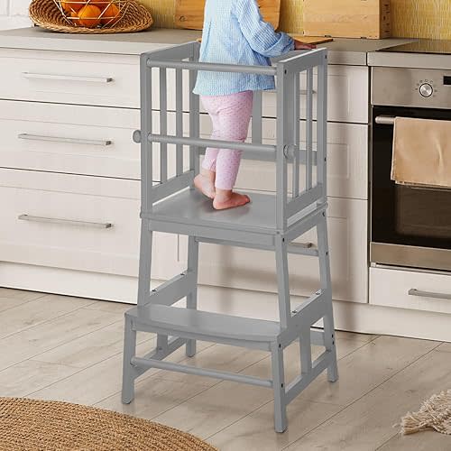 COSYLAND Kids Kitchen Step Stool Helper with Gloves Removable Anti-Drop Railing Safety Rail, Non-Slip Mat Standing Tower Stepping Stool for Toddlers Bathroom Sink Counter Learning Grey