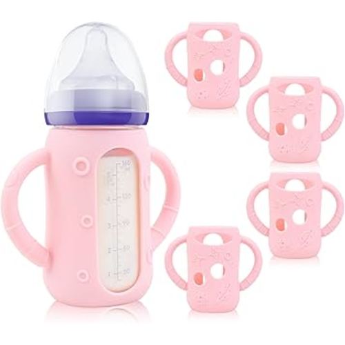 ZCH 4-Pack Silicone Sleeves with Handles for Lansinoh Glass Bottles, BPA-Free Drop-Resistant Baby Bottle Sleeves with Handles, Compatible with Lansinoh Anti-Colic Glass Baby Bottles (5 oz)