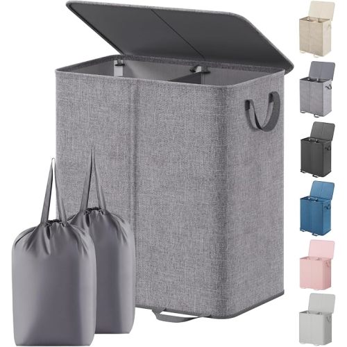 Lifewit Double Laundry Hamper with Lid, Removable Laundry Bags, Gray