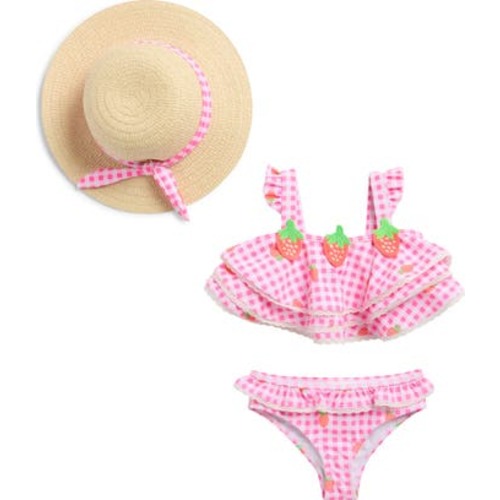 Nicole Miller Gingham Strawberry Two-Piece Swimsuit & Hat Set | Nordstromrack