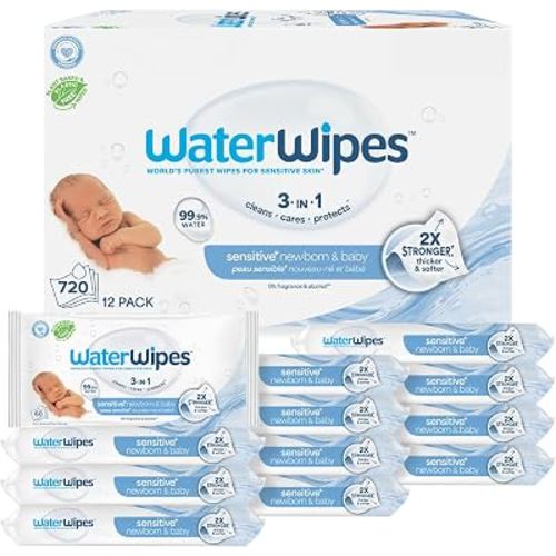 WaterWipes Sensitive+ Newborn & Baby Wipes, 3-In-1 Cleans, Cares, Protects, 99.9% Water, Unscented & Hypoallergenic, 720 Count (12 Packs)