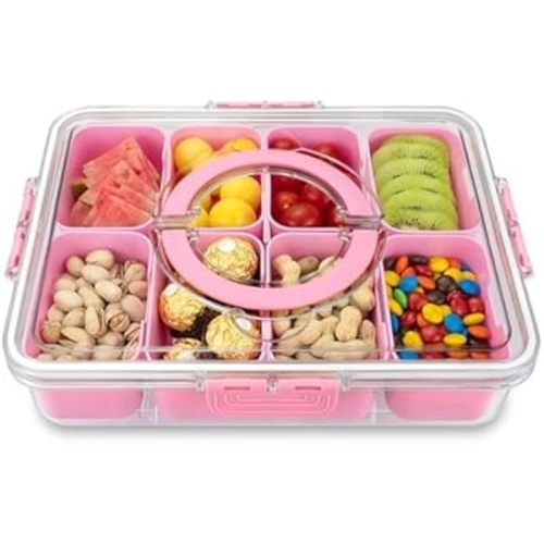 Divided Serving Tray with Lid and Handle, 8 Compartments Snack Box, Portable Platter for Candy Fruits Nuts, Snack Party Entertaining Picnic