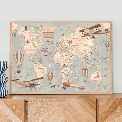 Educational World Map, Kids Nursery Decor, Illustrated Poster