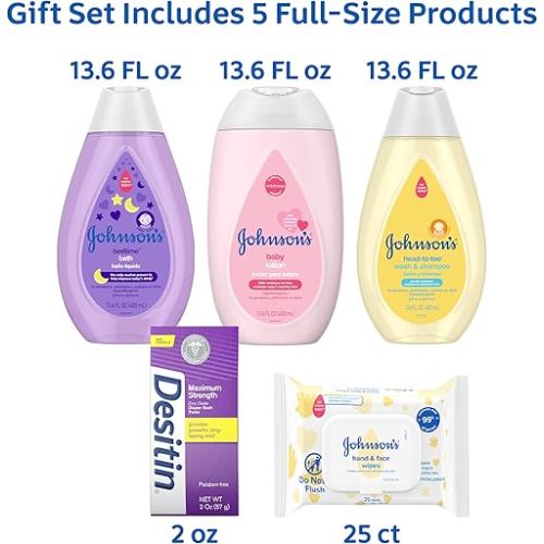 Johnson's Baby Here Comes Baby Gift Set, Baby Essentials for New Parents with Moisturizing Lotion, Bedtime Bath, Body Wash & Shampoo, Hand & Face Wipes, & Diaper Rash Cream, 5 Items