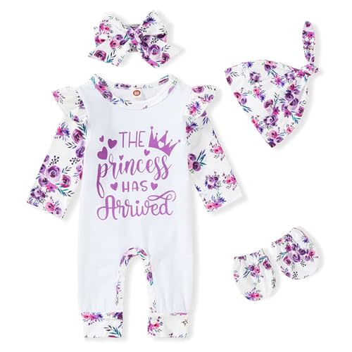 GRNSHTS Newborn Baby Girl Romper Infant Letter Print Jumpsuit Floral Bodysuit+Hat+Headband+Gloves Coming Home Clothes Outfits