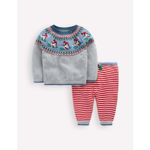 Knitted Play Set-Grey Marl Skiing Penguins