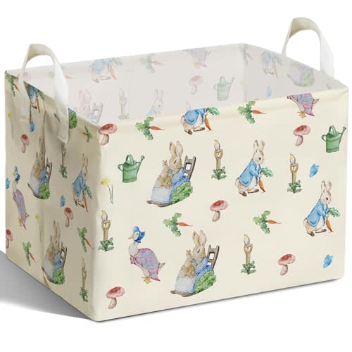 DEANHOT Rabbit Foldable Handle Storage Basket, Waterproof Organizer for Nursery, Bunny Square Toys Bin, Rectangular Book Box, Versatile Clothes Container, Gift Hamper for Girls and Boys Home Decor
