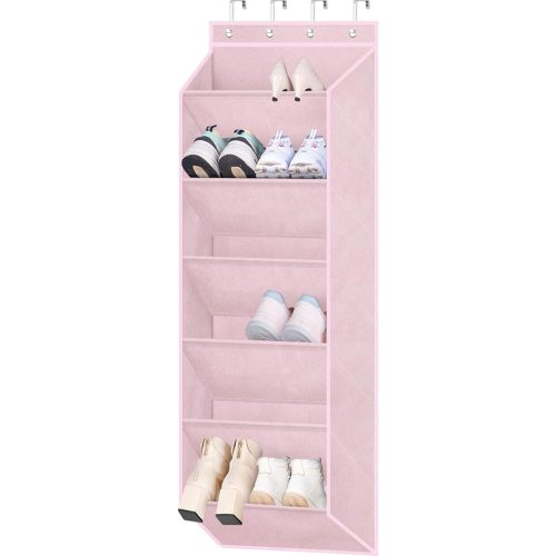 SLEEPING LAMB Over The Door Shoe Rack with Large Deep Pockets, Kids Shoe Organizer for Closet Door, Narrow Hanging Boots Storage, Pink