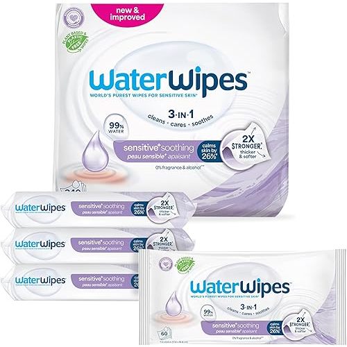 WaterWipes Sensitive+ Soothing Wipes, 3-In-1 Cleans, Cares, Soothes, 99% Water with Botanical Extract, Unscented & Hypoallergenic Baby Wipes, 360 Count (6 Packs)
