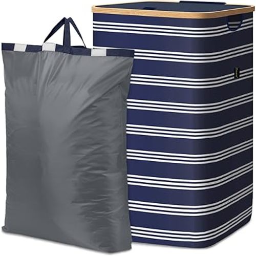 BALEINE Laundry Hamper with Lid, Tall Laundry Baskets with Bamboo Pull Handles, Large Laundry Bin with Internal Support (26 Gal/100L, Blue Pinstripe)