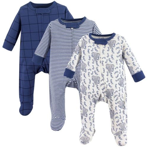 Touched by Nature Baby Boy Organic Cotton Zipper Sleep and Play 3pk, Elephant, 6-9 Months