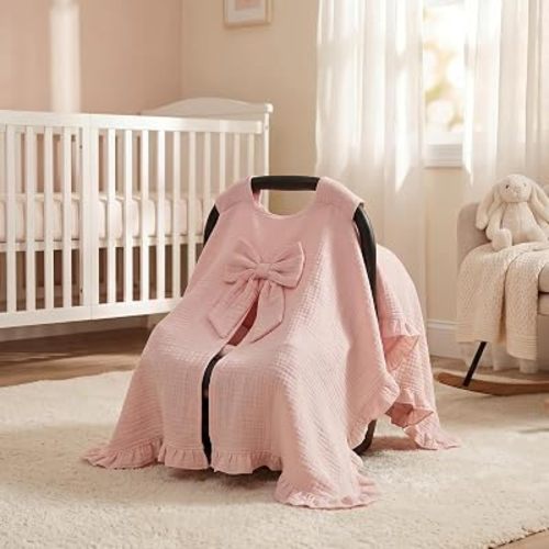 Tegeme Pink Baby Carseat Cover with Bow 100% Cotton Car Seat Canopy Cover 32 x 44 Inches Soft Breathable Canopy for Girls Boys Stroller and Cart Carseat Nursing Covers for Newborn