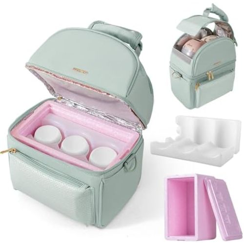 SUNVENO Breastmilk Cooler Bag with Detachable Insulation Box, Double-Layer Pumping Travel Bag for Work & Daycare, Fits Bottles, Ice Packs and Pump Parts,Green