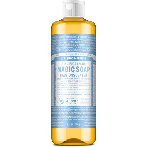 Dr. Bronner's Pure-Castile Magic Soap Liquid (Baby Unscented, 16oz) – Made with Regenerative Organic Certified Oils- For Sensitive Skin, Babies, Face, Hair, Laundry, Dishes, Hand Soap & Body Wash