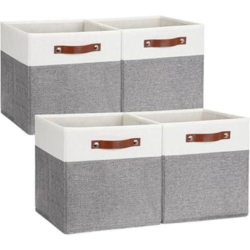 DULLEMELO Storage Cubes 12 inch, Collapsible Sturdy Cube Storage Bins With Handles for Organizing,Fabric Storage Baskets for Shelves Nursery Closet Home Organization and Storage (White&Grey-4 Pack)