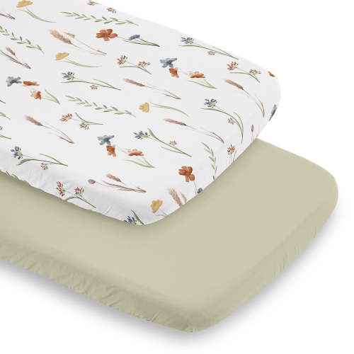Sweet Jojo Designs Watercolor Floral Garden Green Orange and Beige Baby Bassinet Fitted Sheets 2 Piece Set