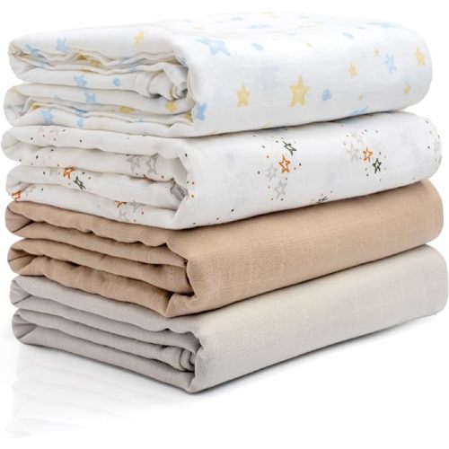 Salt Earth GOTS Certified 100% Organic Cotton 2-Layered Swaddle Baby Blanket, 4 Pack, 47"x 47" Receiving Blankets for Swaddling, Wrap for Boy & Girl, Newborn Baby Essentials, Registry (Solids & Stars)