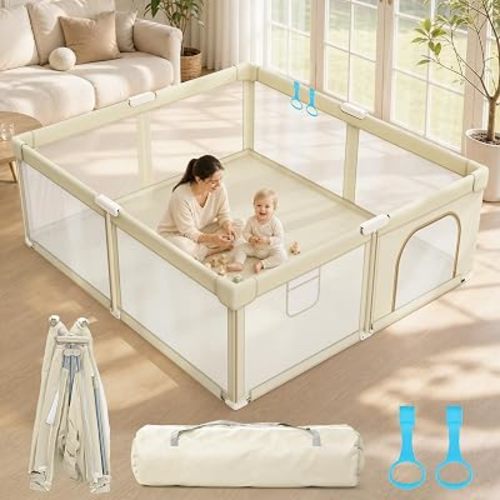 Foldable Baby Playpen, 79x71 Inch Extra Large Collapsible Play Yard, Beige