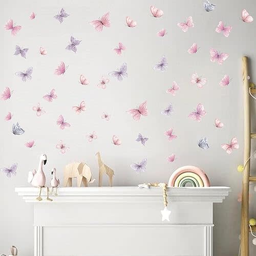 Butterfly Wall Decals - Pink and Purple Art Wall Decals Removable Peel and Stick for Kids Baby Nursery Living Room Bedroom Playroom Sofa TV Background Decorations (Butterfly Pink Purple Wall Stickers)