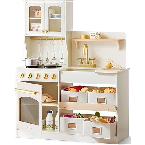Tiny Land Play Kitchen for Kids, Wooden Toy Kitchen Set, Toddler Kitchen Playset for Ages 3-8 Kids Kitchen Playset Gift, with Storage & Accessories, with Stove & Sink