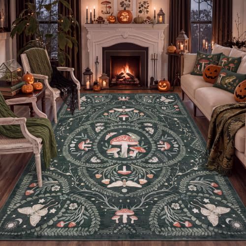 Garvee Mushroom 5x7 Area Rugs for Living Room, Washable Green Gothic Rug | Non Slip Dark Academia Animal Print Rugs Low Pile Bedroom Decor Bug Carpet with Rubber for Playroom Dining Room Office