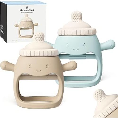 2Pack Baby Teething Toy for Over 3 Month, Food Grade Silicone Teething Mitten, Anti Dropping Wrist Hand Teethers Baby Chew Toys for Sucking Needs, BPA Free (Patent Pending) (Blue & Beige)