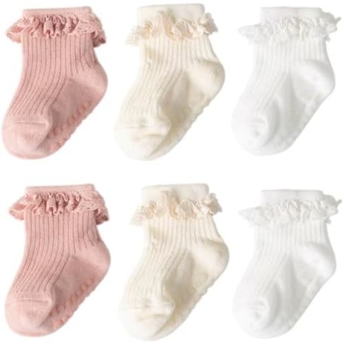 DRESHOW BQUBO Baby Girls Toddler Anti Slip Socks - Cute Frilly Ruffle Grip Ankle Socks for Infant Toddler