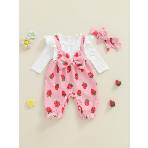 Loicainy Baby Toddler Girls Bubble Romper 3 6 9 12 Months Strawberry Printed Long Sleeve Ruffle Fake-two Jumpsuit with Headband