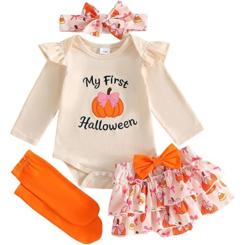 My First Halloween Baby Girl Outfit Pumpkin/Ghost Romper Ruffle Layered Skort Headband Socks Set Cute Clothes