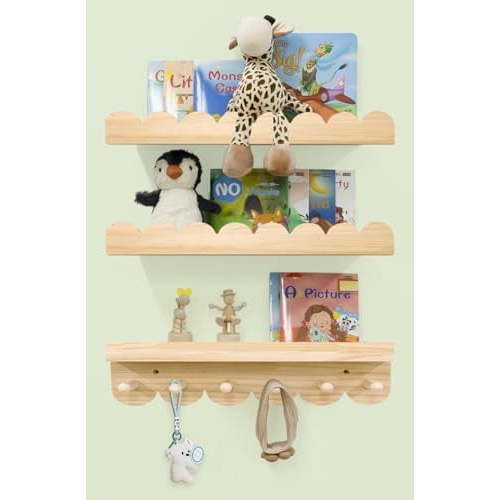 Nursery Shelves for Wall with Hooks-Scalloped Wall Book Shelves for Bedroom Kids Set of 3, Nursery Furniture Must Have, 16 Inch, Natural