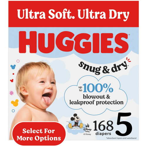 Huggies Snug & Dry Baby Diapers, Size 5 (27+ lbs), 168 Count (Select for More)