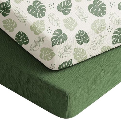 Konssy Muslin Crib Sheets for Boys, Soft Cotton Neutral Baby Sheets for Standard Crib Mattress 2 Pack, 52"x28" (Fog Green,Cream)
