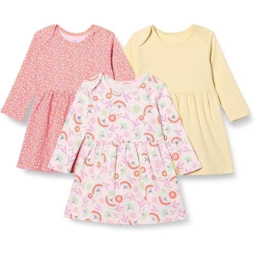 Amazon Essentials Baby Girls' Cotton Long-Sleeve Dress with Gathered Waist, Pack of 3