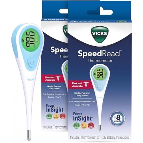 Vicks SpeedRead Digital Thermometer for Baby, Kids & Adults, Color-Coded Readings, Oral, Baby Rectal Thermometer or Under The Arm, Water Resistant (Pack of 2)