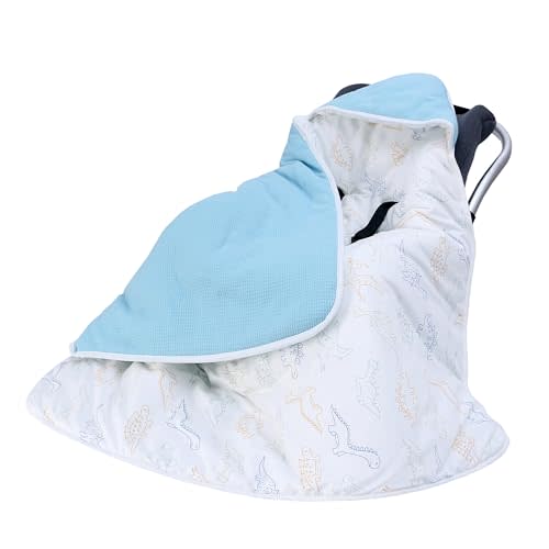 Miracle Baby Car Seat Swaddle Blanket for Babies, Waffle Carseat Blanket for Infants Newborn, Double-Layered Suitable for Autumn Winter 35.4"x35.4" (Blue + Dinosaur, Winter)